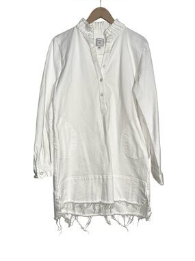 Noble 31 Long Sleeve White Denim Frayed Hem Mini Dress LARGE with pockets